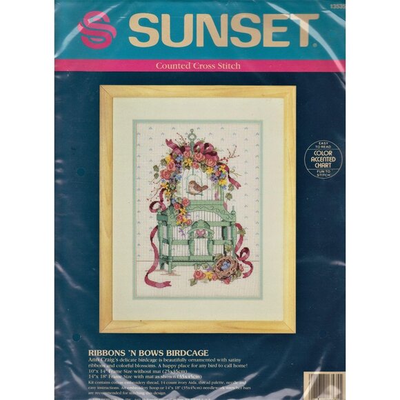 Sunset Counted Cross Stitch Kit  Rbbbons N Bows Birdcage 10 x 14 NOS 1991 - Picture 2 of 4